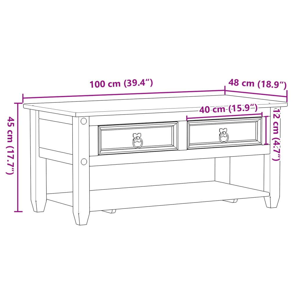 vidaXL Coffee Table with Drawers Corona 100x48x45 cm Solid Wood Pine