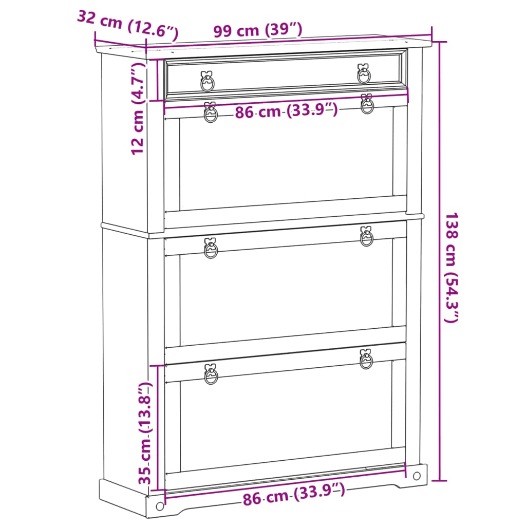 vidaXL Shoe Cabinet Corona 99x32x138 cm Solid Wood Pine