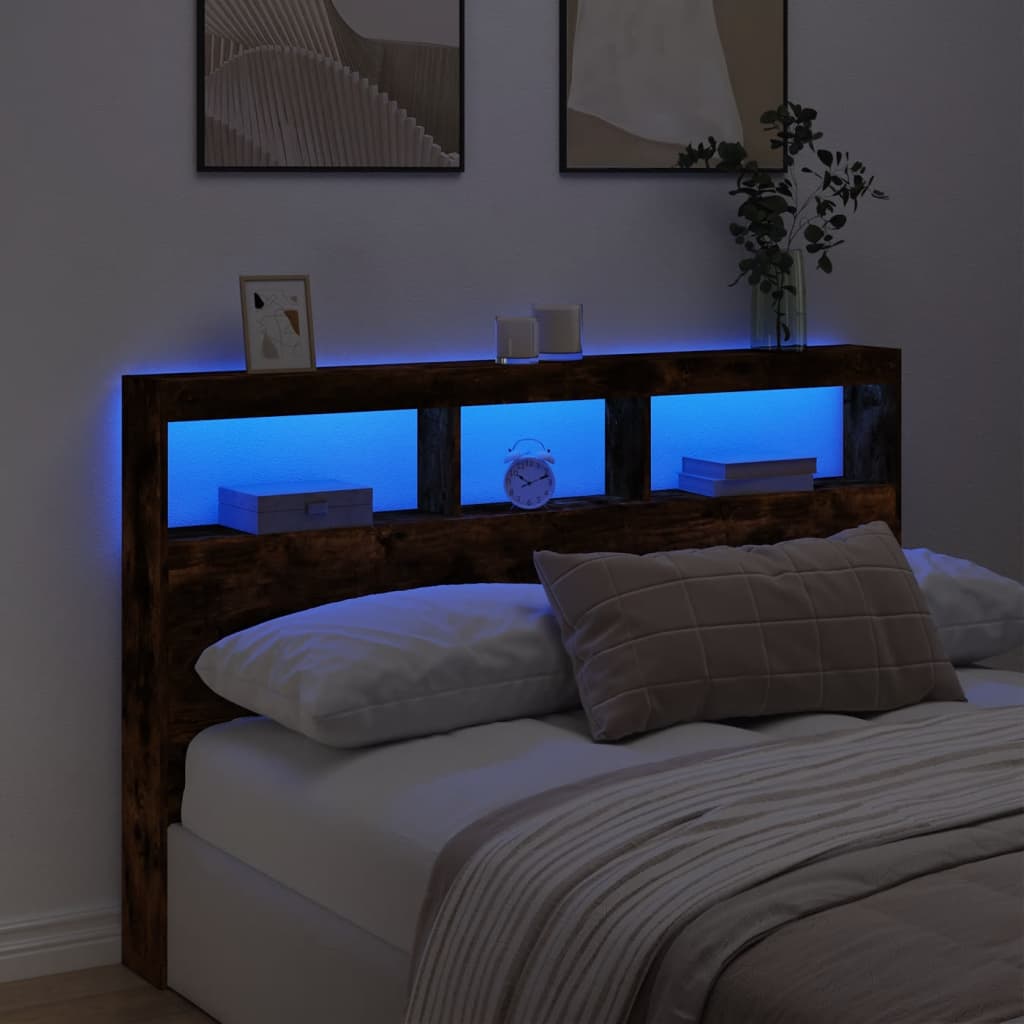 vidaXL Headboard Cabinet with LED Smoked Oak 160x17x102 cm