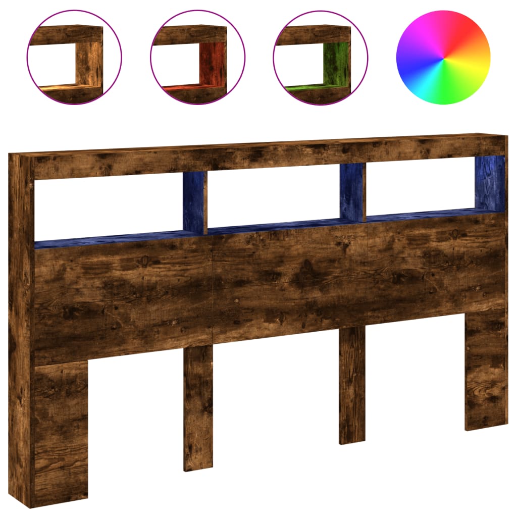 vidaXL Headboard Cabinet with LED Smoked Oak 180x17x102 cm