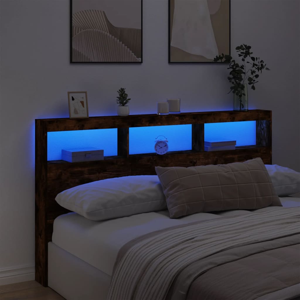 vidaXL Headboard Cabinet with LED Smoked Oak 180x17x102 cm