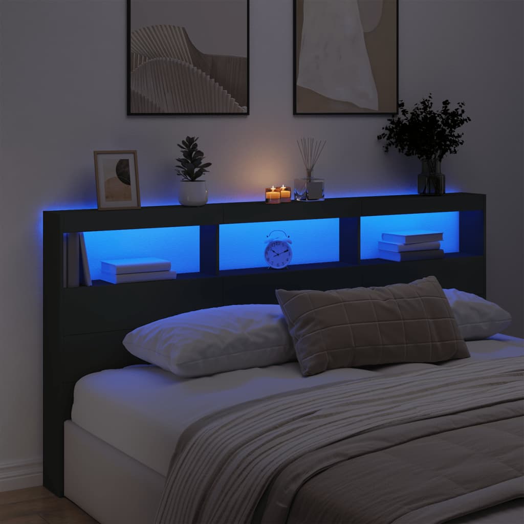 vidaXL Headboard Cabinet with LED Black 200x17x102 cm