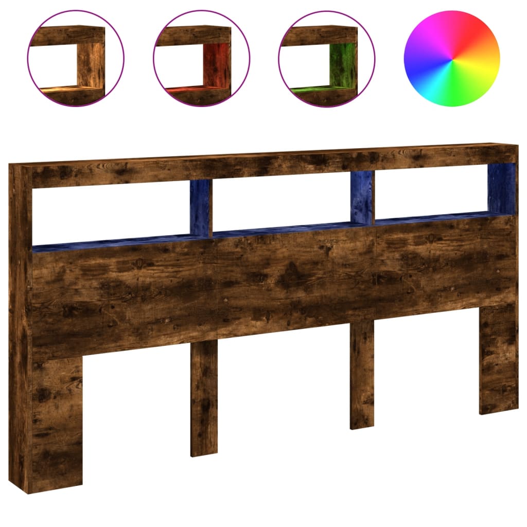 vidaXL Headboard Cabinet with LED Smoked Oak 200x17x102 cm