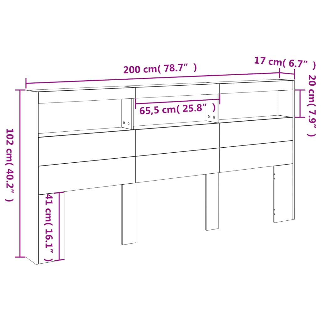 vidaXL Headboard Cabinet with LED Smoked Oak 200x17x102 cm