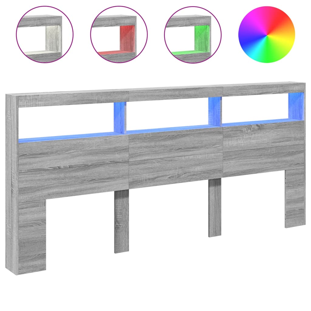 vidaXL Headboard Cabinet with LED Grey Sonoma 220x17x102 cm