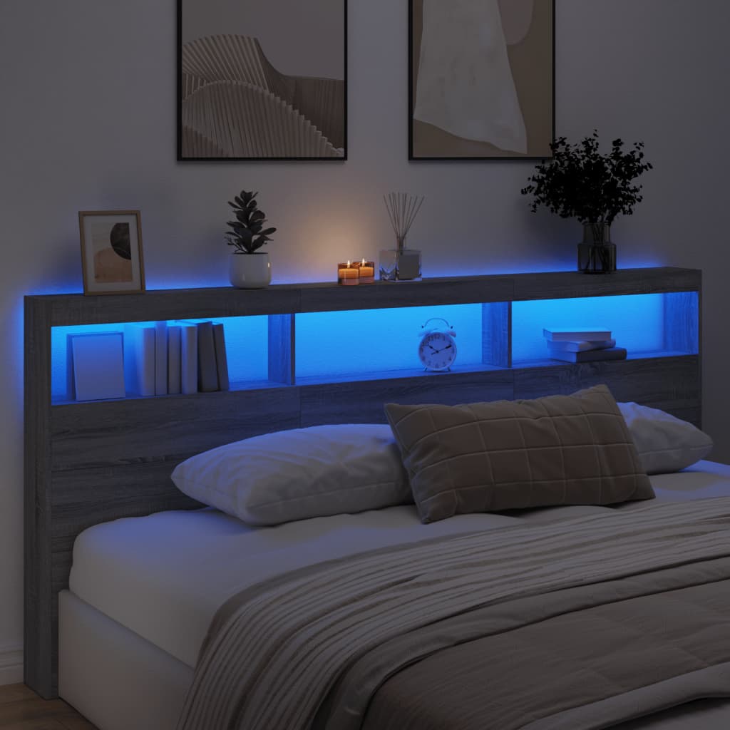 vidaXL Headboard Cabinet with LED Grey Sonoma 220x17x102 cm