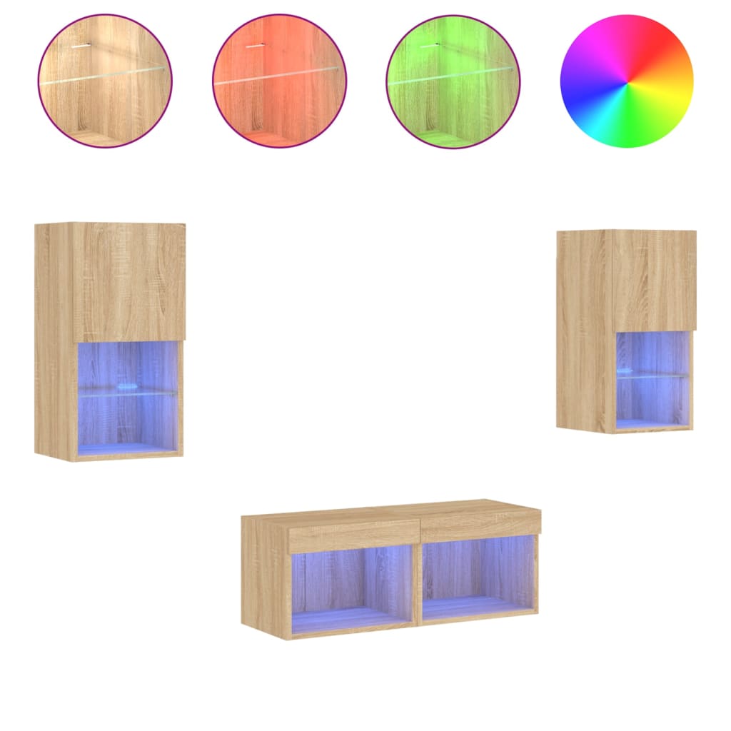 vidaXL 4 Piece TV Wall Cabinets with LED Lights Sonoma Oak