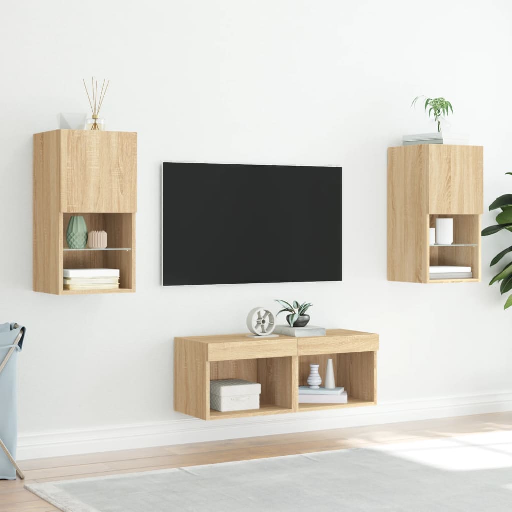 vidaXL 4 Piece TV Wall Cabinets with LED Lights Sonoma Oak