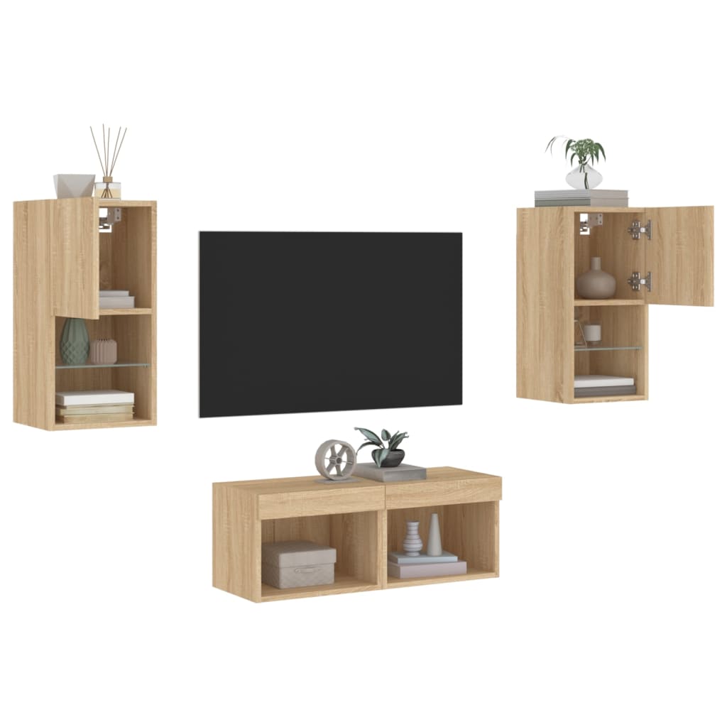 vidaXL 4 Piece TV Wall Cabinets with LED Lights Sonoma Oak
