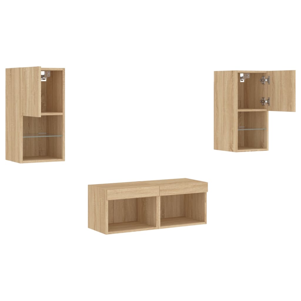 vidaXL 4 Piece TV Wall Cabinets with LED Lights Sonoma Oak