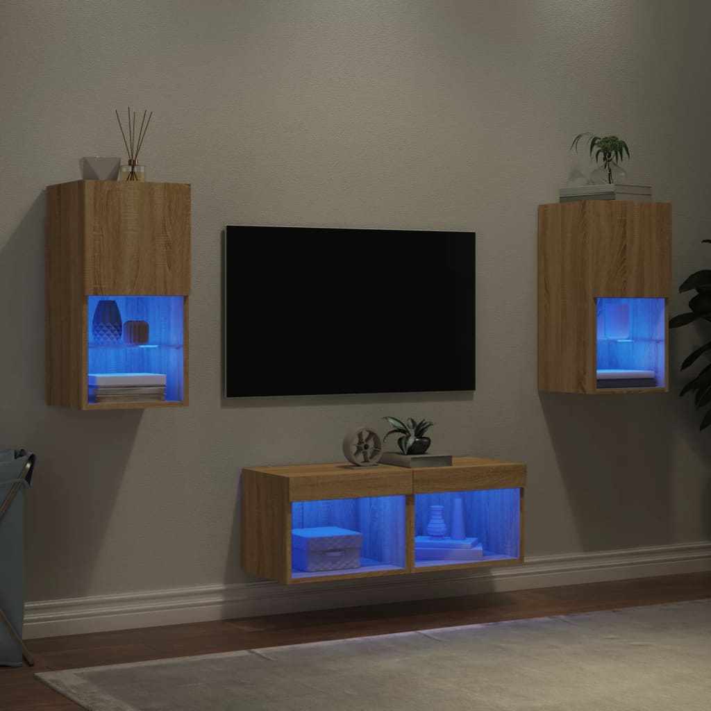 vidaXL 4 Piece TV Wall Cabinets with LED Lights Sonoma Oak