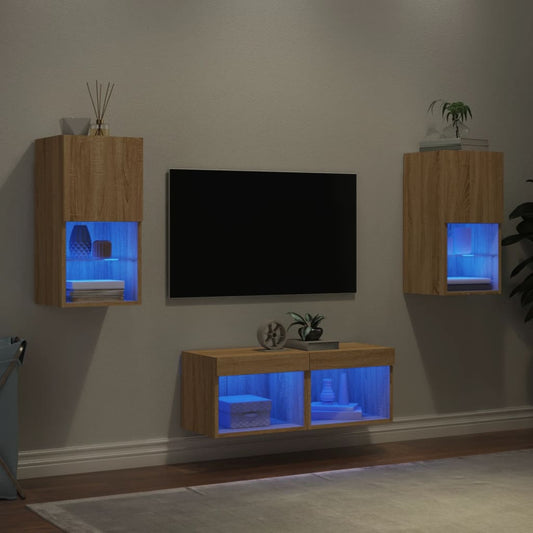 vidaXL 4 Piece TV Wall Cabinets with LED Lights Sonoma Oak