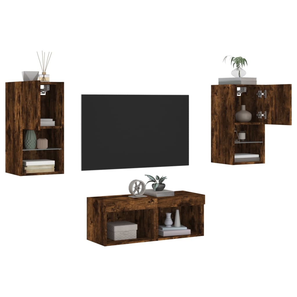 vidaXL 4 Piece TV Wall Cabinets with LED Lights Smoked Oak