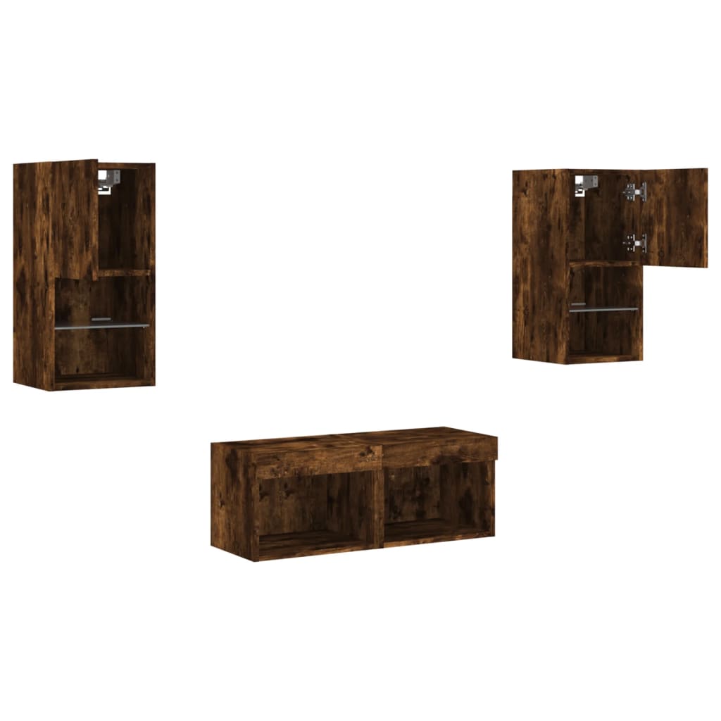 vidaXL 4 Piece TV Wall Cabinets with LED Lights Smoked Oak