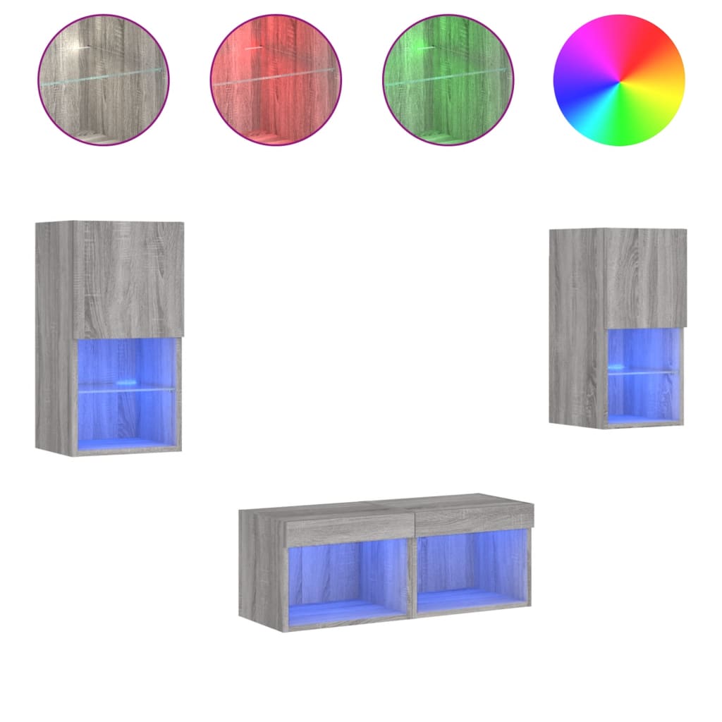 vidaXL 4 Piece TV Wall Cabinets with LED Lights Grey Sonoma