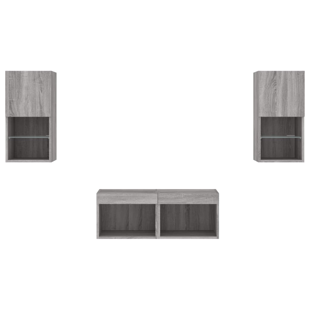 vidaXL 4 Piece TV Wall Cabinets with LED Lights Grey Sonoma