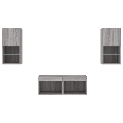 vidaXL 4 Piece TV Wall Cabinets with LED Lights Grey Sonoma