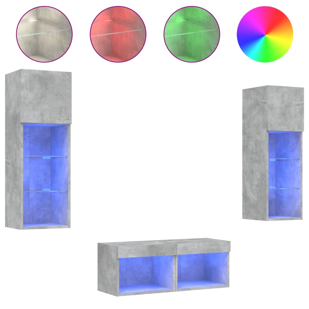 vidaXL 4 Piece TV Wall Cabinets with LED Lights Concrete Grey