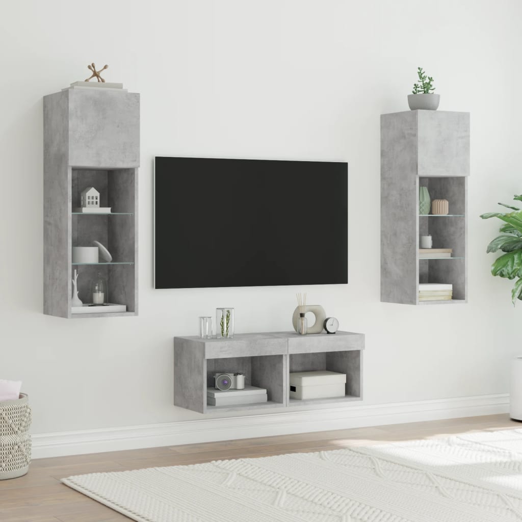 vidaXL 4 Piece TV Wall Cabinets with LED Lights Concrete Grey