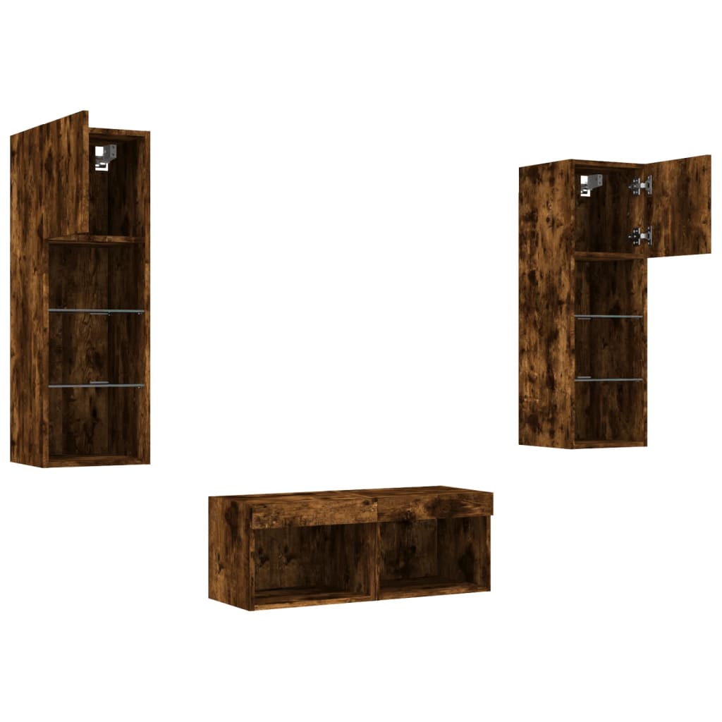 vidaXL 4 Piece TV Wall Cabinets with LED Lights Smoked Oak