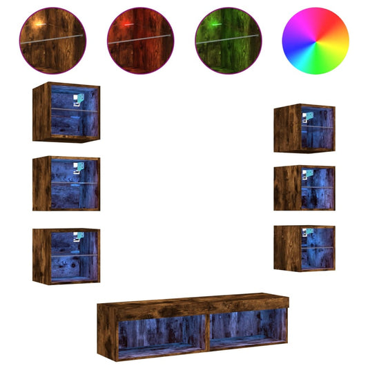 vidaXL 8 Piece TV Wall Units with LED Smoked Oak Engineered Wood