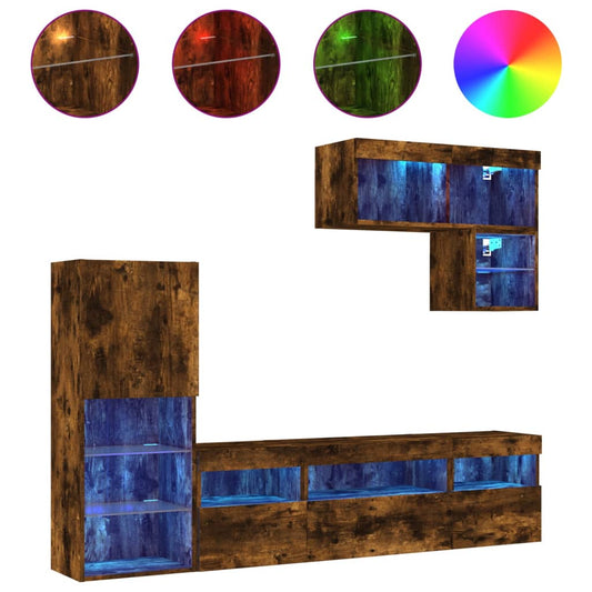 vidaXL 6 Piece TV Wall Units with LED Smoked Oak Engineered Wood