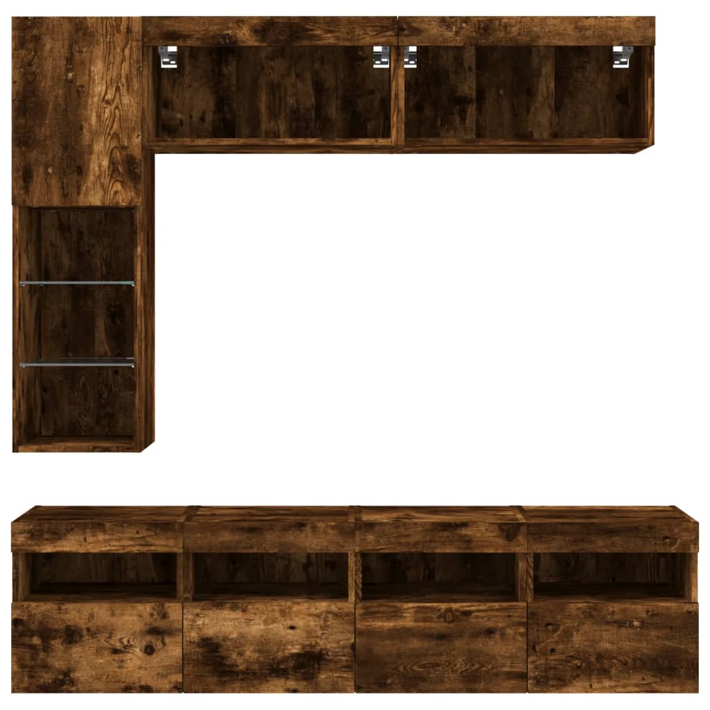 vidaXL 7 Piece TV Wall Cabinet Set with LED Lights Smoked Oak