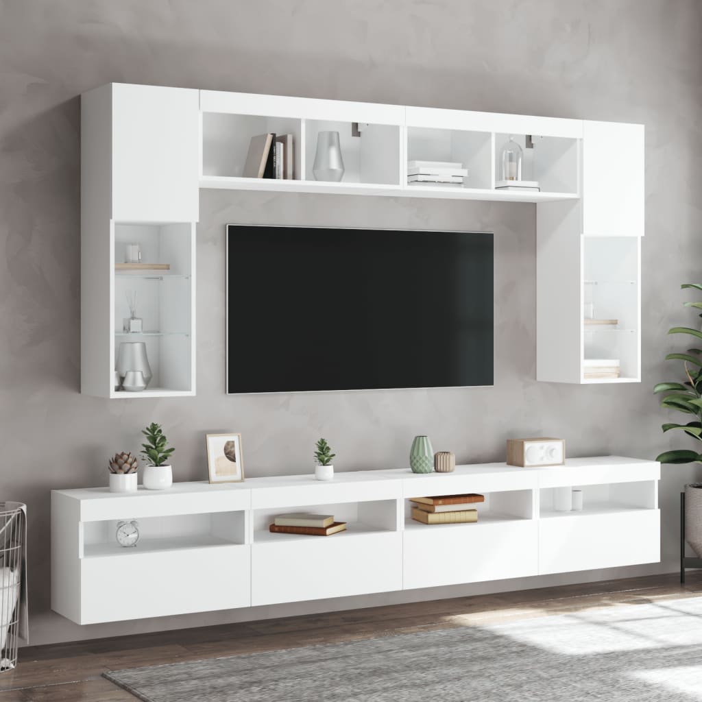 vidaXL 8 Piece TV Wall Cabinet Set with LED Lights White