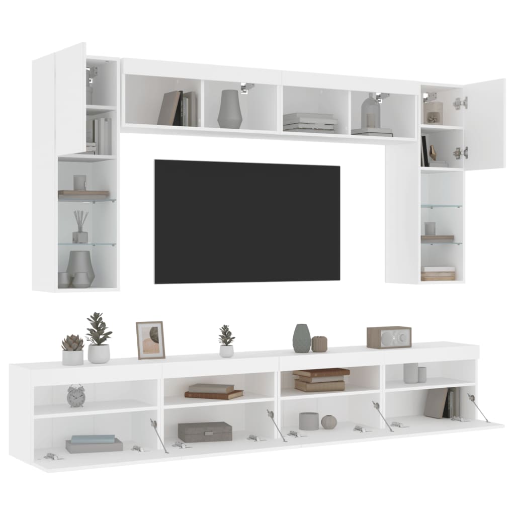 vidaXL 8 Piece TV Wall Cabinet Set with LED Lights White