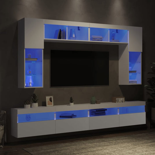 vidaXL 8 Piece TV Wall Cabinet Set with LED Lights White