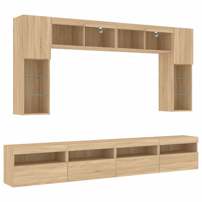 vidaXL 8 Piece TV Wall Cabinet Set with LED Lights Sonoma Oak