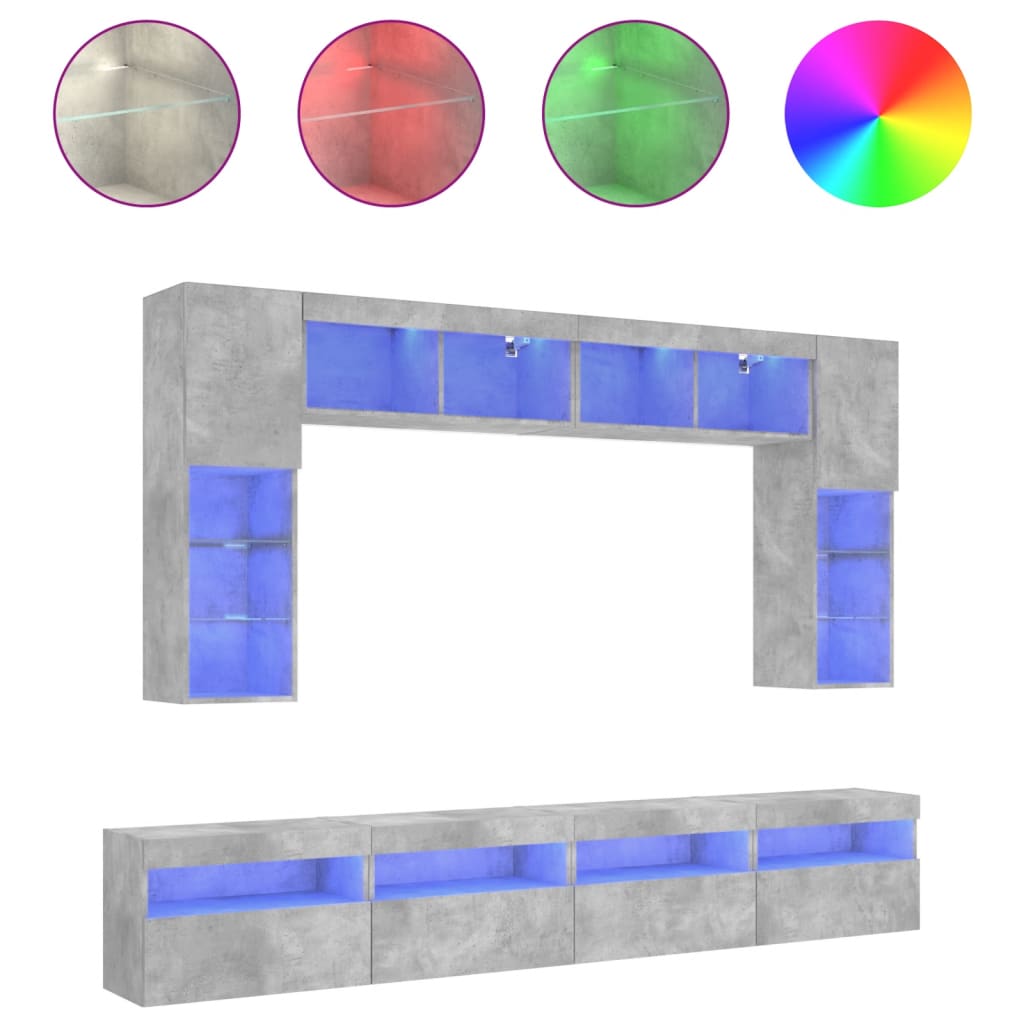 vidaXL 8 Piece TV Wall Cabinet Set with LED Lights Concrete Grey