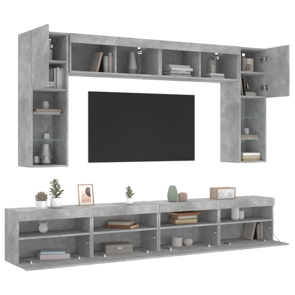 vidaXL 8 Piece TV Wall Cabinet Set with LED Lights Concrete Grey