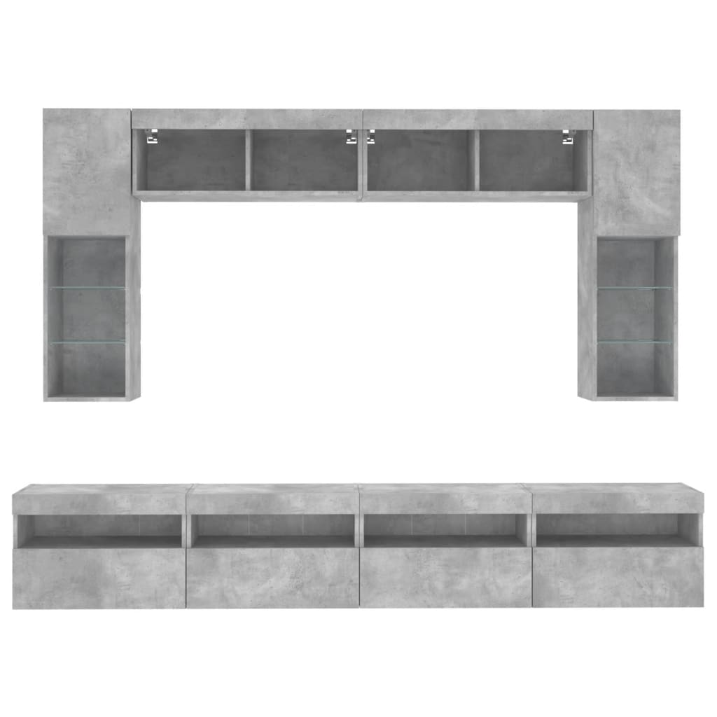 vidaXL 8 Piece TV Wall Cabinet Set with LED Lights Concrete Grey