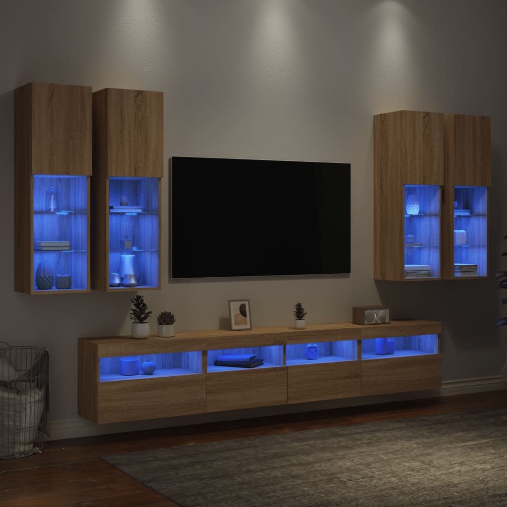 vidaXL 7 Piece TV Wall Cabinet Set with LED Lights Sonoma Oak