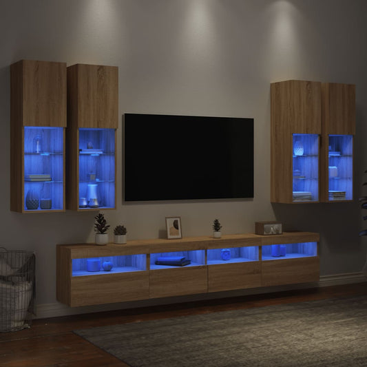vidaXL 7 Piece TV Wall Cabinet Set with LED Lights Sonoma Oak