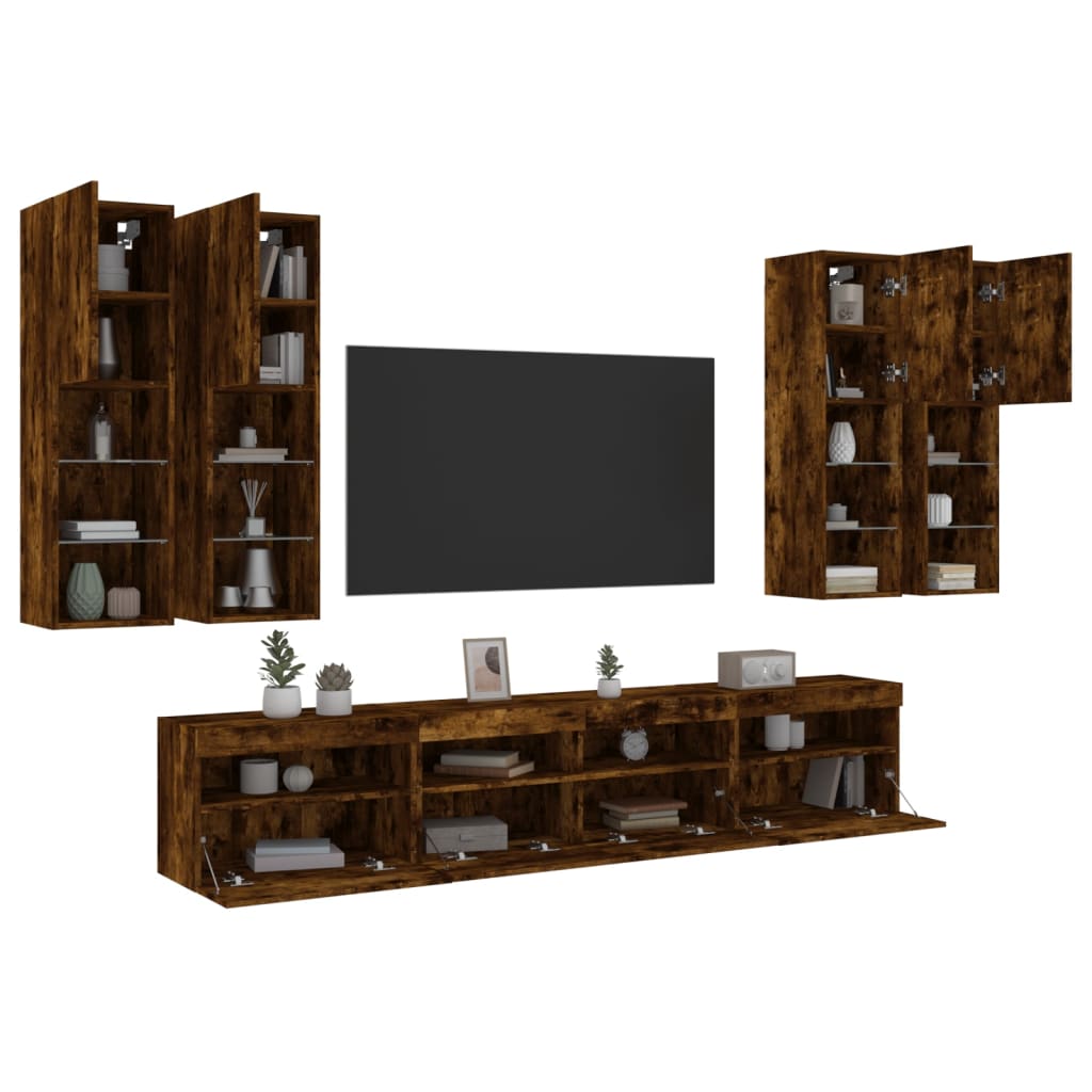 vidaXL 7 Piece TV Wall Cabinet Set with LED Lights Smoked Oak