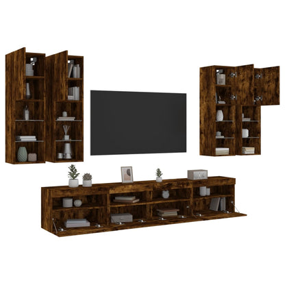 vidaXL 7 Piece TV Wall Cabinet Set with LED Lights Smoked Oak