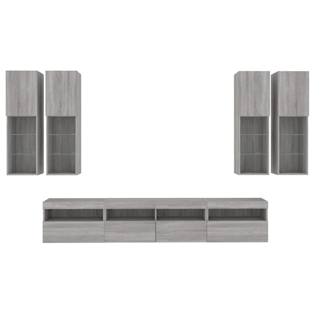 vidaXL 7 Piece TV Wall Cabinet Set with LED Lights Grey Sonoma