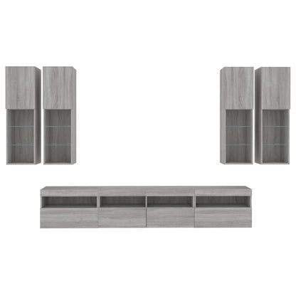 vidaXL 7 Piece TV Wall Cabinet Set with LED Lights Grey Sonoma