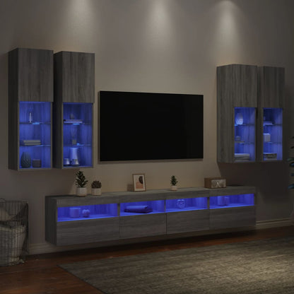 vidaXL 7 Piece TV Wall Cabinet Set with LED Lights Grey Sonoma