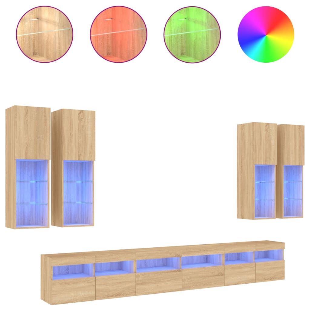 vidaXL 7 Piece TV Wall Cabinet Set with LED Lights Sonoma Oak
