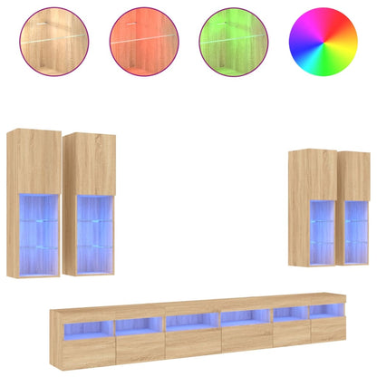 vidaXL 7 Piece TV Wall Cabinet Set with LED Lights Sonoma Oak
