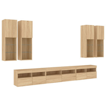 vidaXL 7 Piece TV Wall Cabinet Set with LED Lights Sonoma Oak