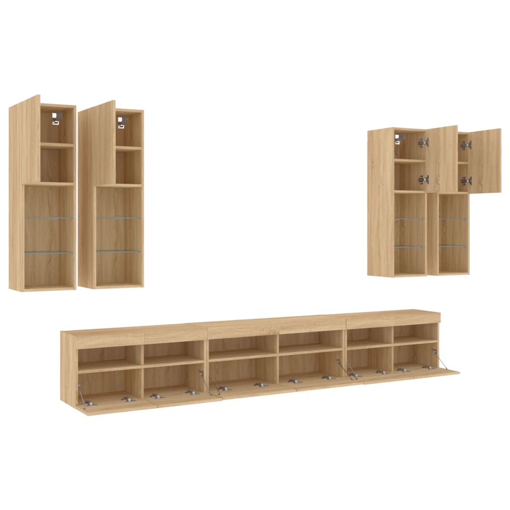 vidaXL 7 Piece TV Wall Cabinet Set with LED Lights Sonoma Oak