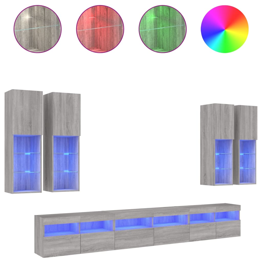 vidaXL 7 Piece TV Wall Cabinet Set with LED Lights Grey Sonoma