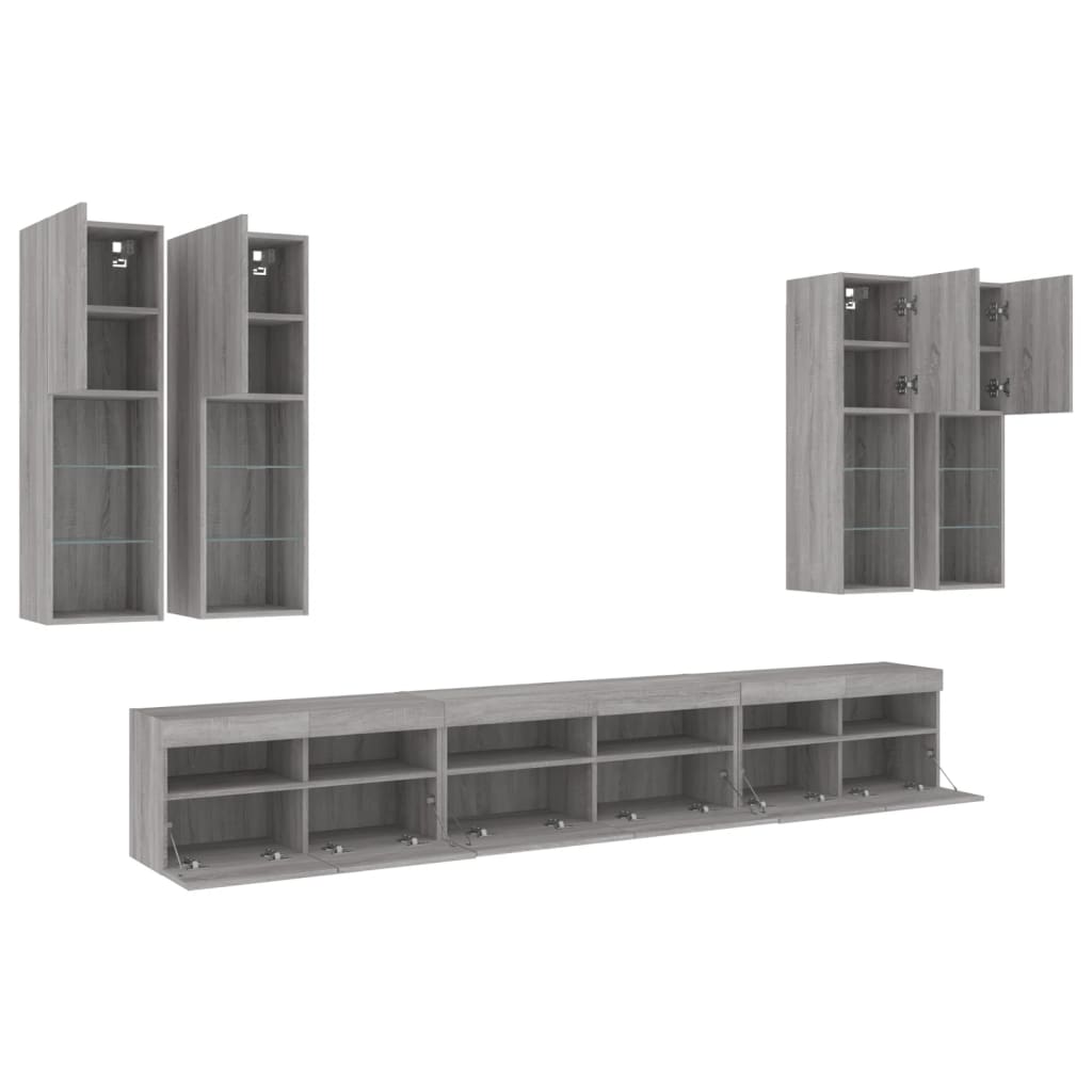 vidaXL 7 Piece TV Wall Cabinet Set with LED Lights Grey Sonoma