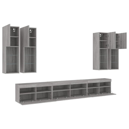 vidaXL 7 Piece TV Wall Cabinet Set with LED Lights Grey Sonoma