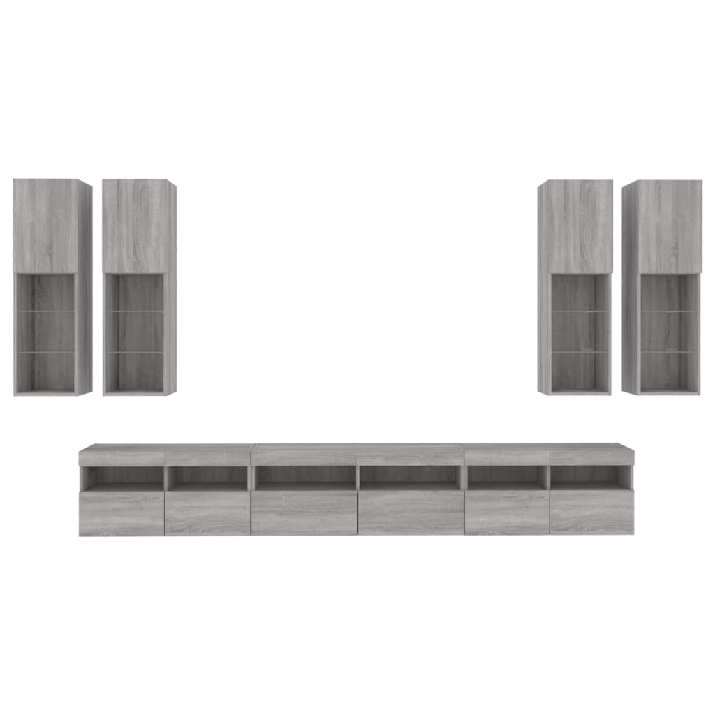 vidaXL 7 Piece TV Wall Cabinet Set with LED Lights Grey Sonoma