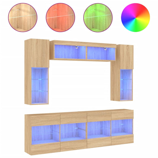 vidaXL 6 Piece TV Wall Cabinet Set with LED Lights Sonoma Oak
